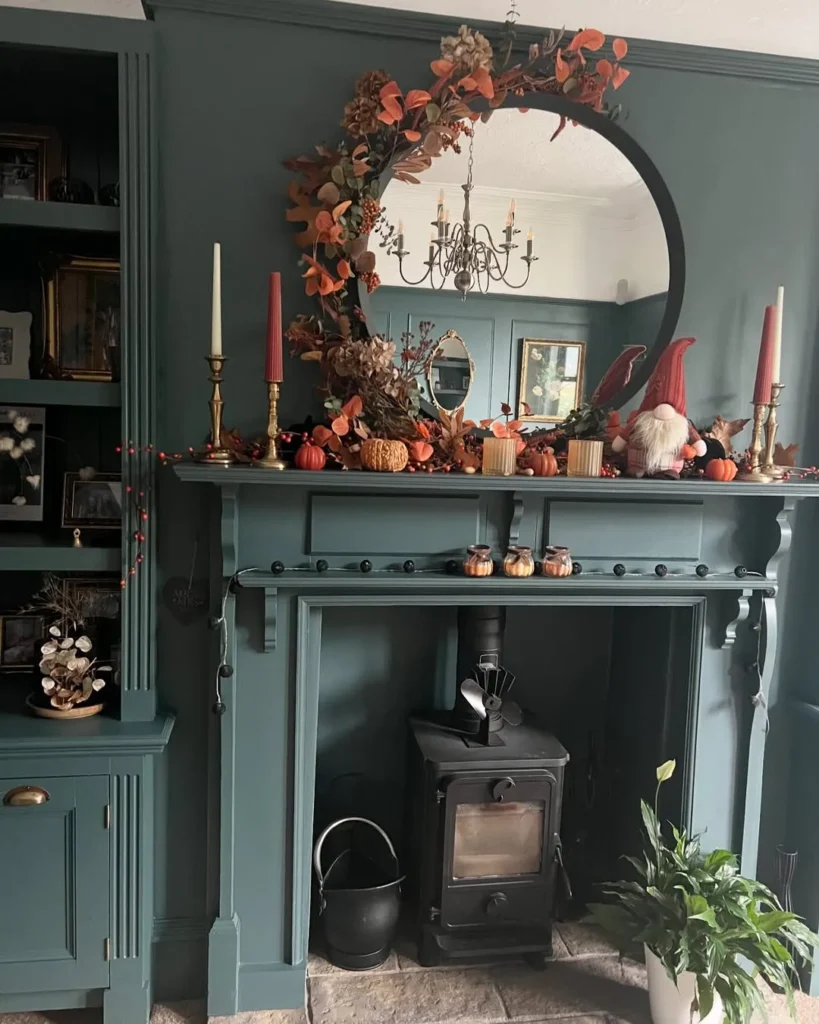 Moody Green Fireplace With Autumn Mantel Styling