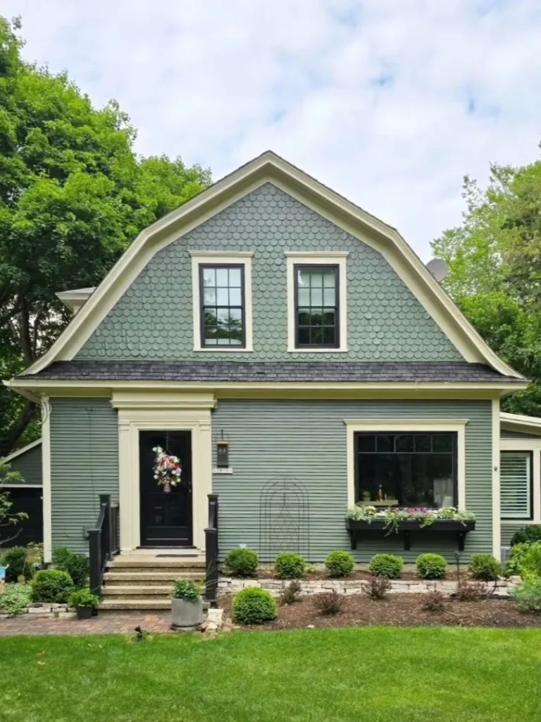 Muted Sage Blue Exterior with Cream Trim Details