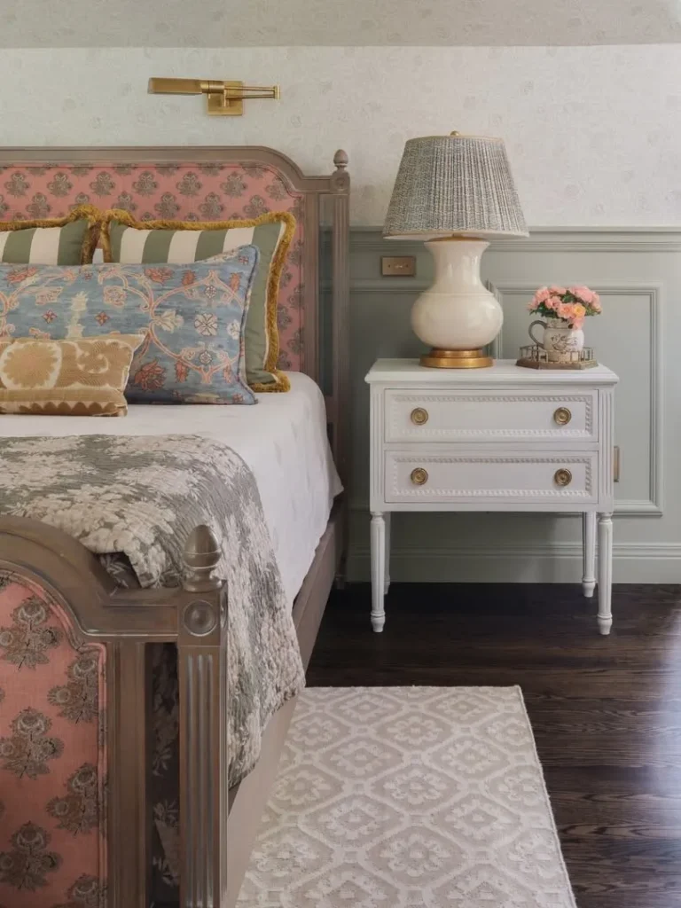 Muted Sage Wainscoting With Vintage Bedroom Decor