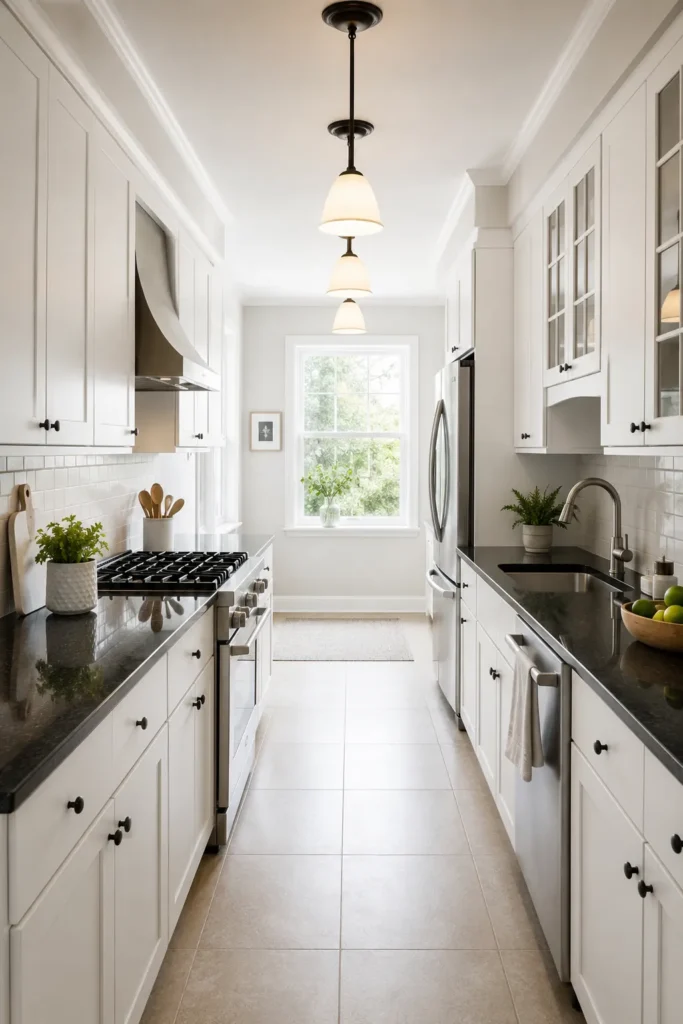 Narrow White Kitchen With Dark Countertops