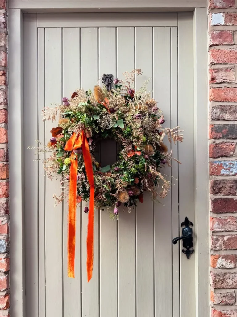 Natural Foraged Fall Wreath With Orange Ribbon