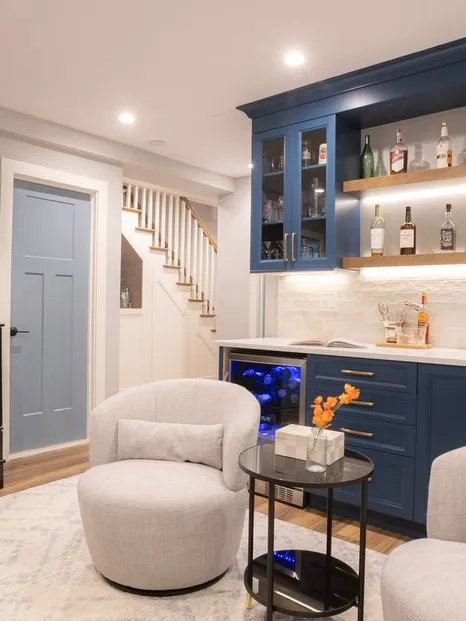 Navy Blue Basement with a Luxury Home Bar