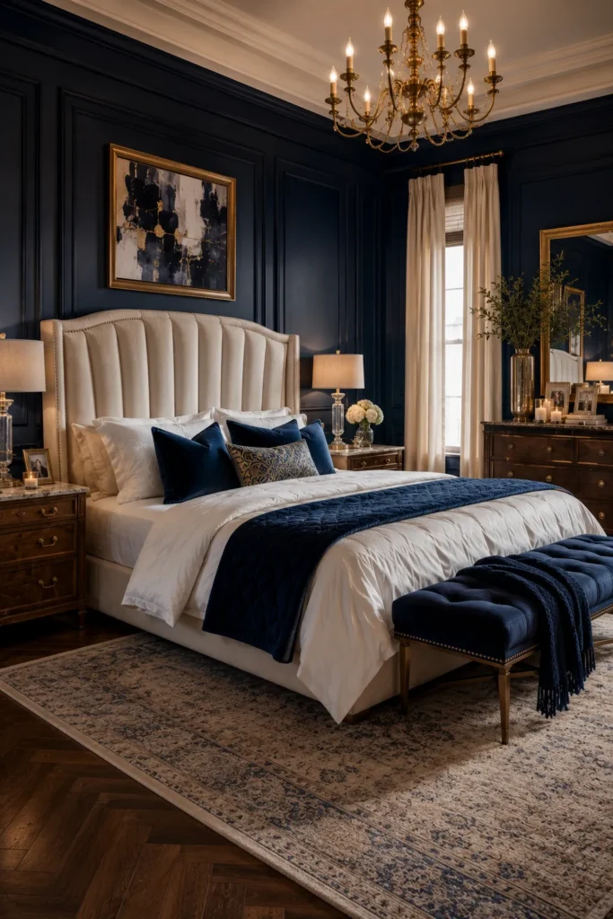 Navy Blue Bedroom With Timeless Gold Accents