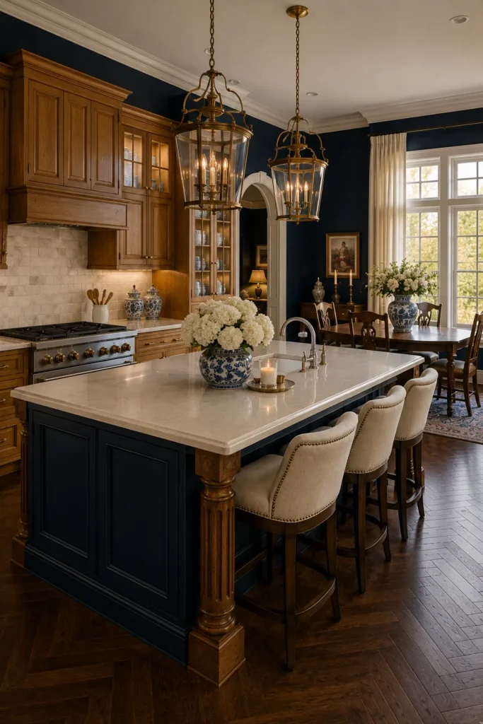 Navy Blue Honey Oak Kitchen Cabinets for Timeless Style