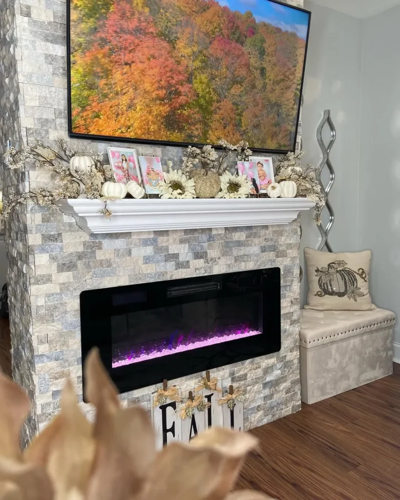 Neutral Fall Fireplace Mantel With White Pumpkins
