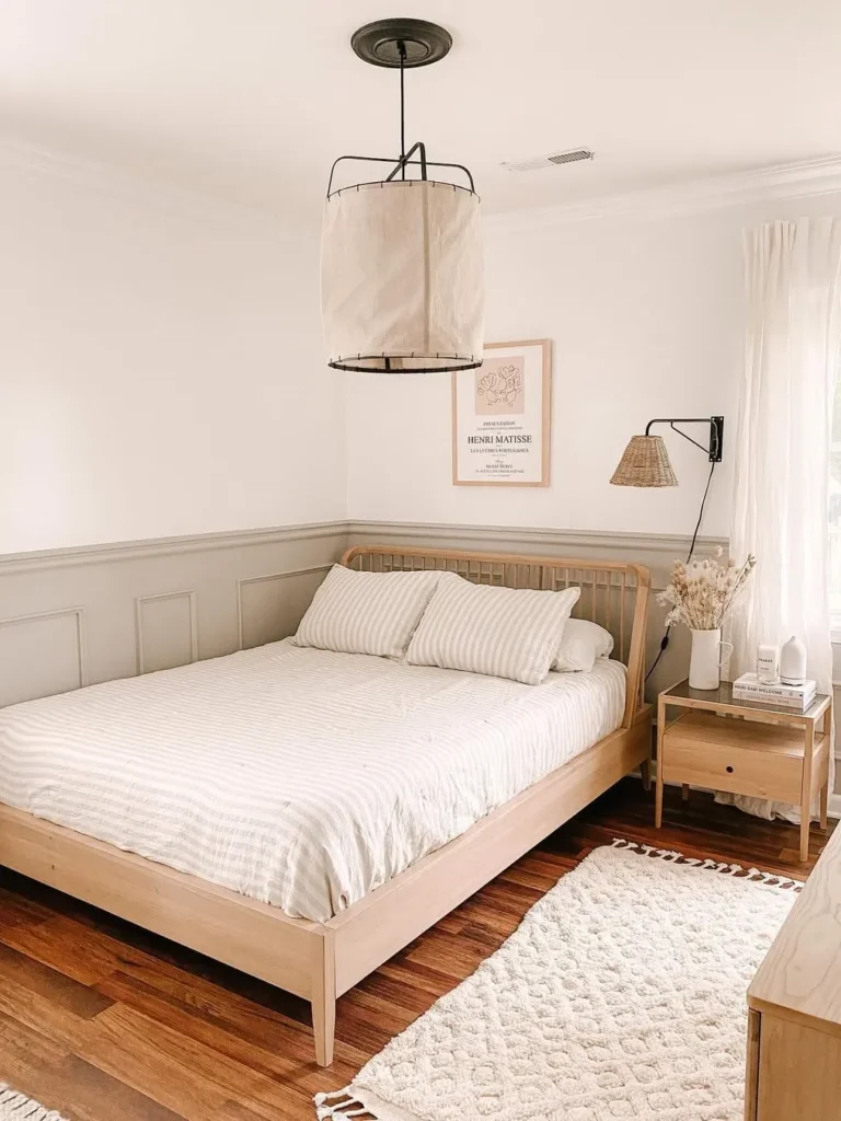 Neutral Half Wall Wainscoting With Natural Wood Bed