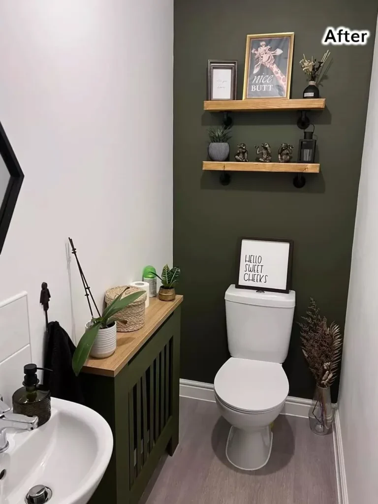Olive Green Accent Wall for a Small Bathroom