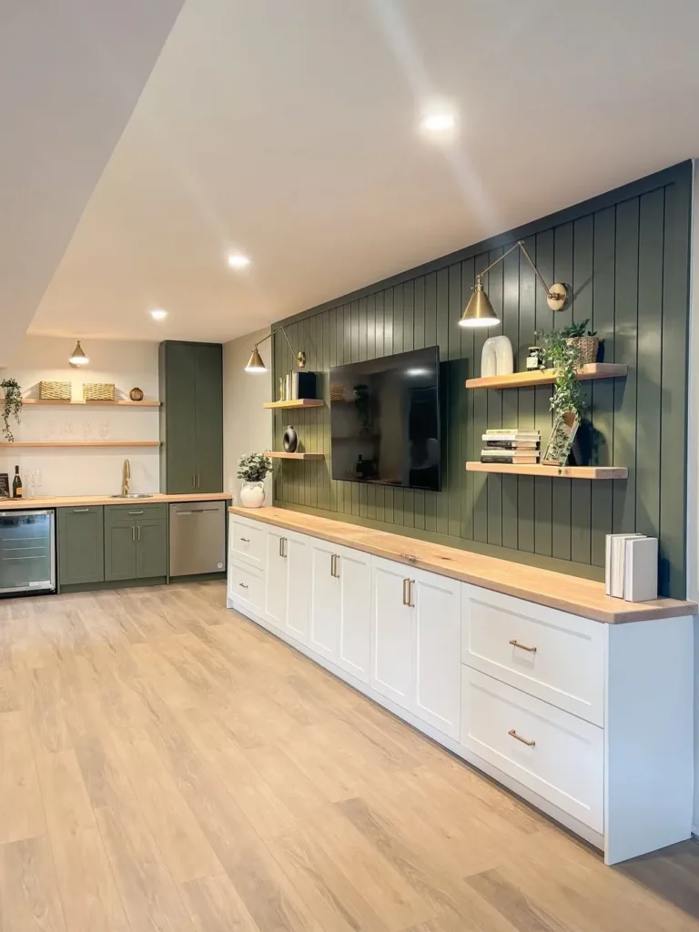 Olive Green Basement with White Built-In Cabinets