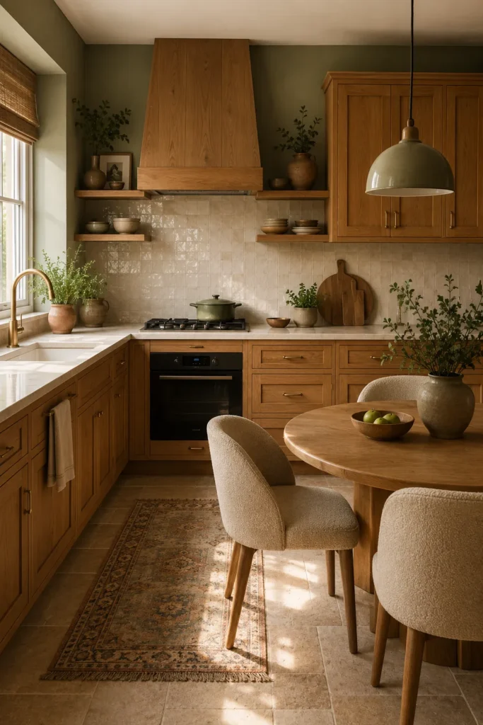Olive Green Walls with Honey Oak Kitchen Cabinets