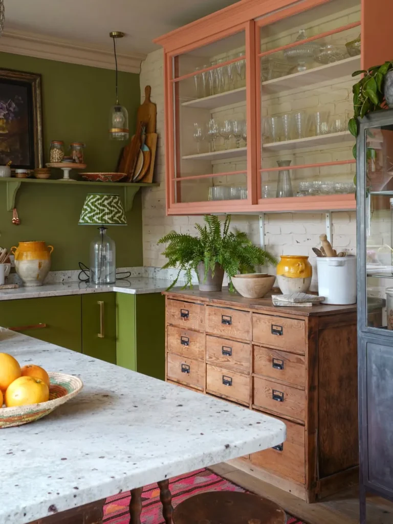 Olive Green and Coral Vintage Kitchen Palette