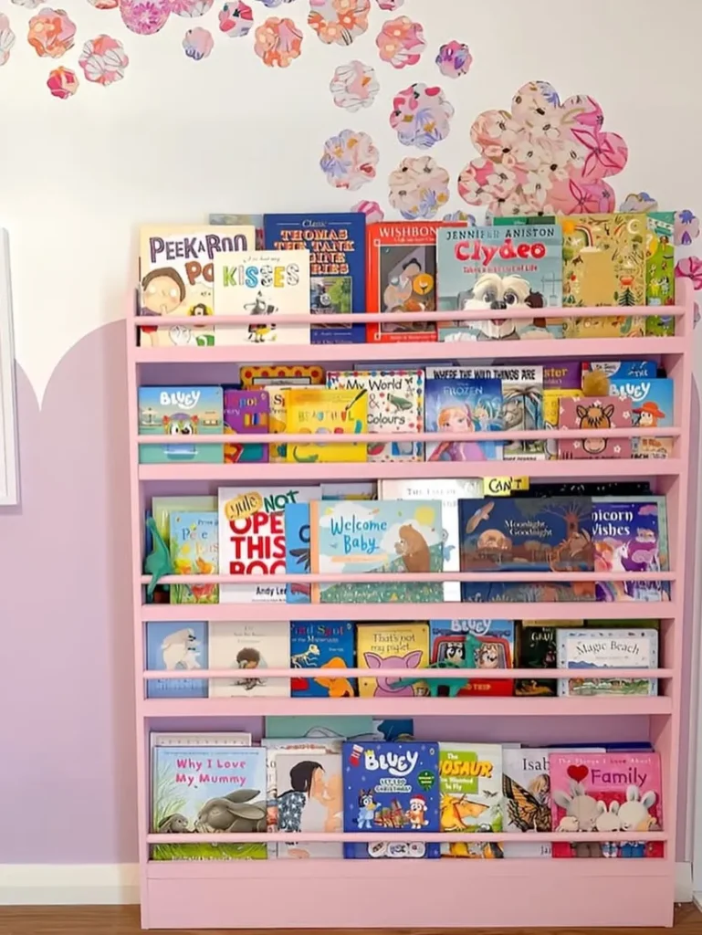 Pink Floor-to-Ceiling Nursery Bookshelf Display