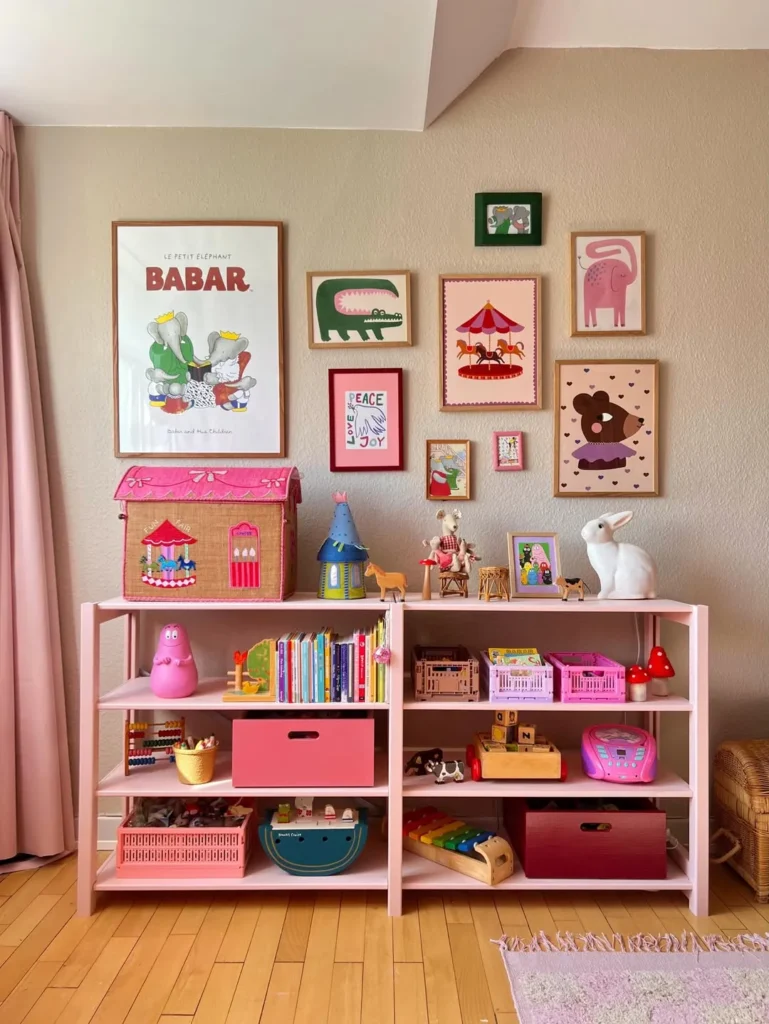 Pink Nursery Bookshelf with Playroom Gallery Wall