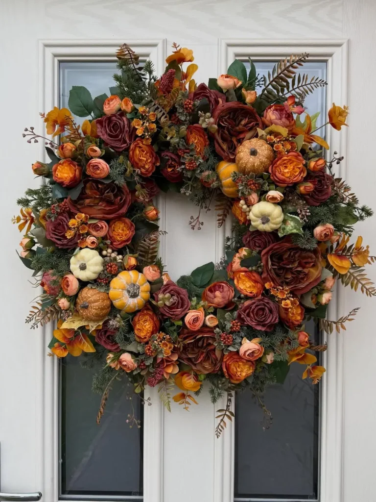 Pumpkin and Rose Fall Wreath for Front Doors