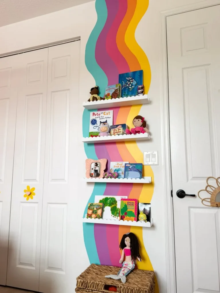 Rainbow Accent Nursery Bookshelf Wall