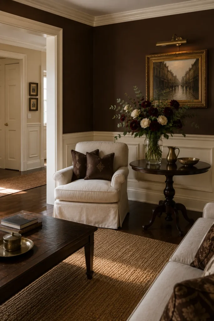 Rich Brown Walls for a Cozy Traditional Living Room
