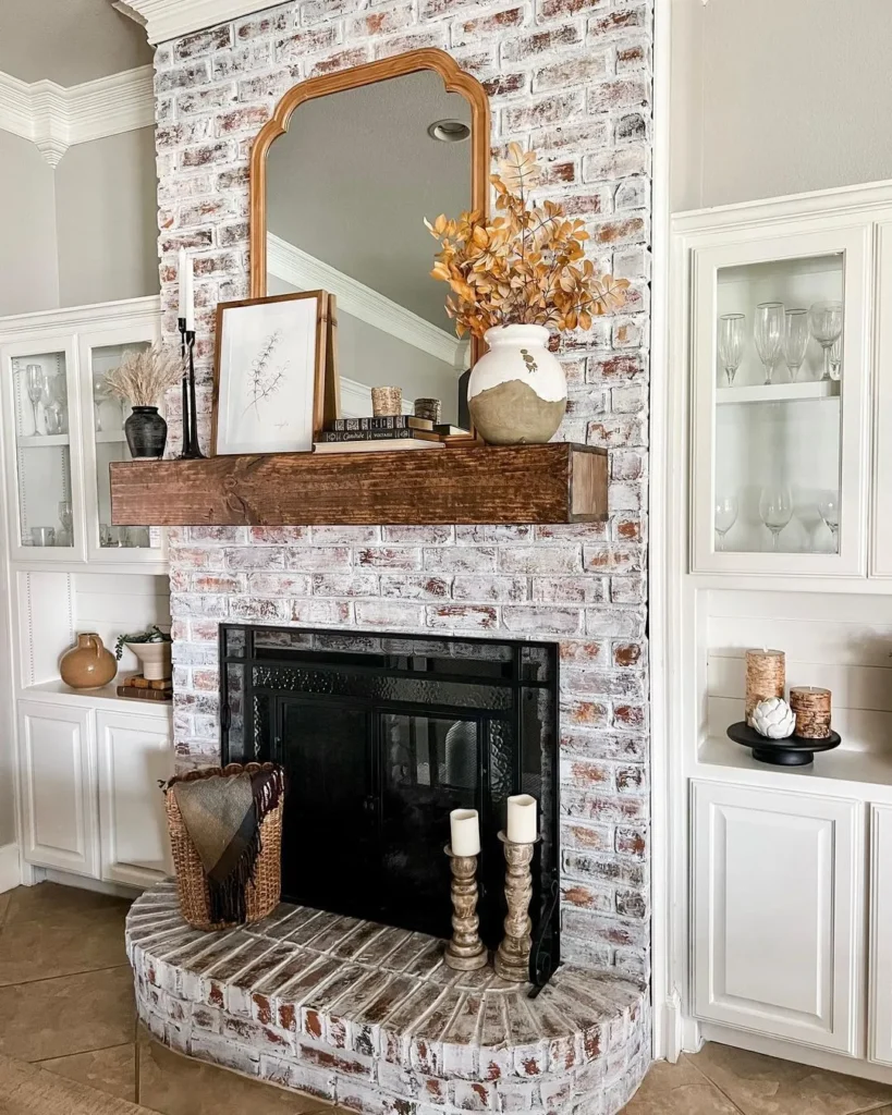 Rustic Brick Fireplace With Wooden Mantel Styling