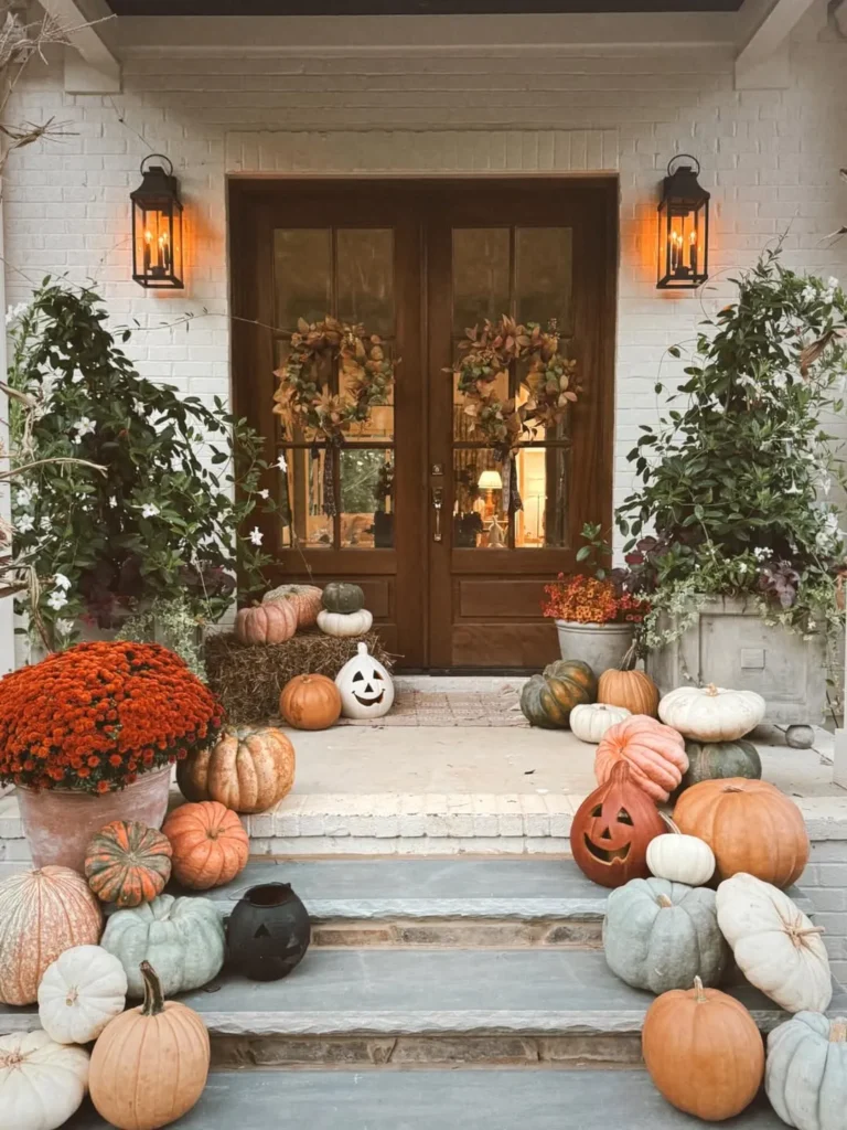 Rustic Double Door Entry With Pumpkin Display