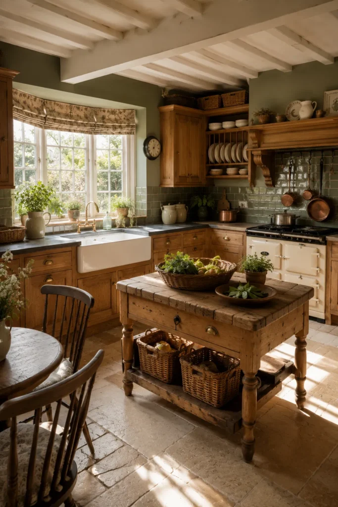 Rustic Farmhouse Honey Oak Kitchen with Sage Green Walls