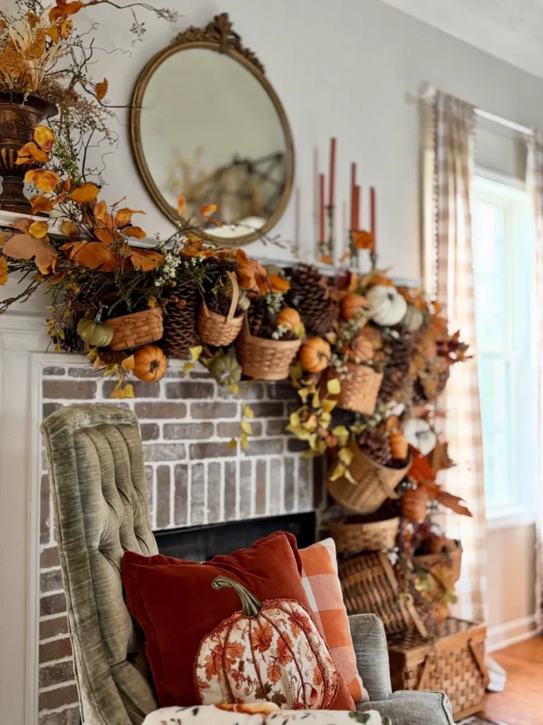Rustic Fireplace Mantel With Woven Basket Harvest Decor