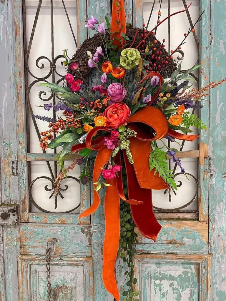 Rustic Floral Door Swag With Velvet Bow