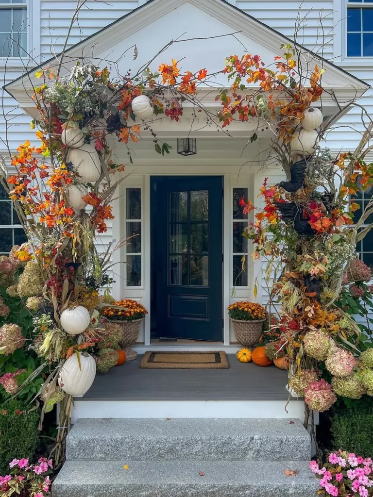 Rustic Harvest Entryway With Natural Branch Arch