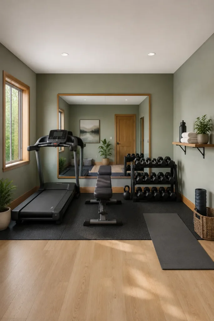 Sage Green Home Gym with Natural Wood Accents