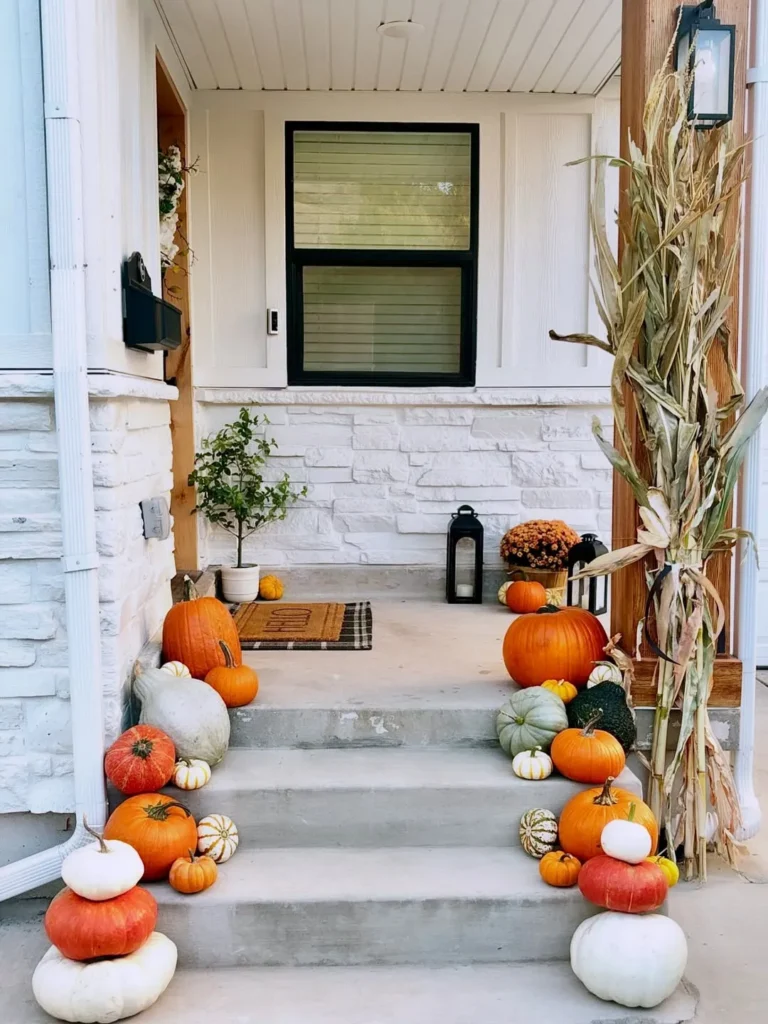 Simple Fall Front Porch With Cornstalks and Pumpkins