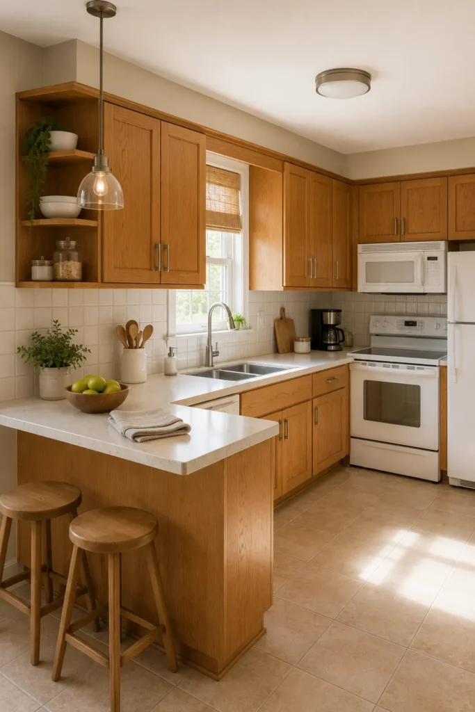 Simple Honey Oak Kitchen Cabinets with White Appliances