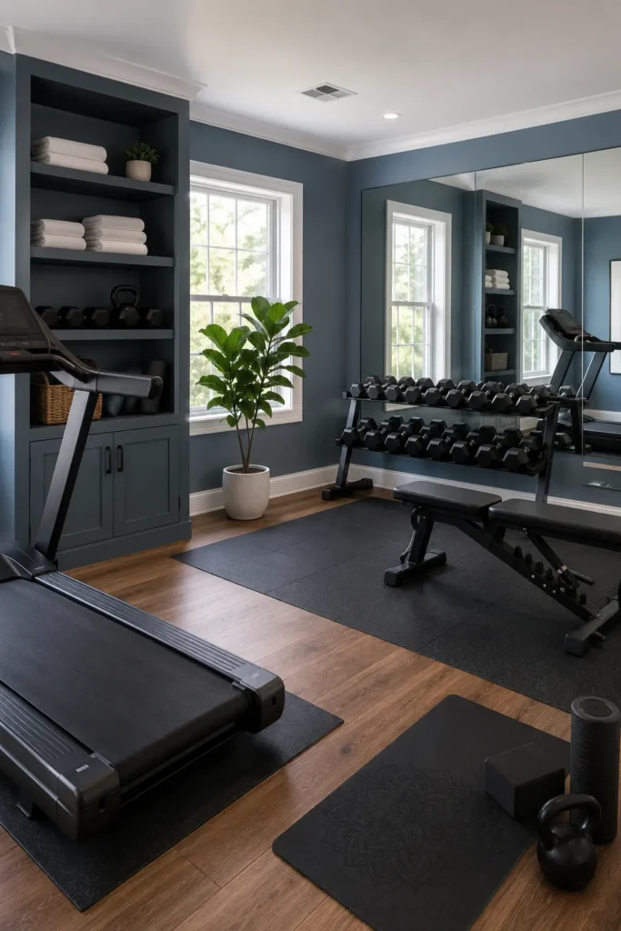 Slate Blue Home Gym with Built-In Storage