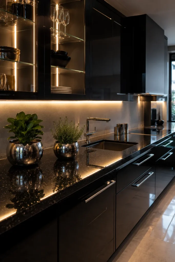 Sleek Black Granite Kitchen With LED Lighting