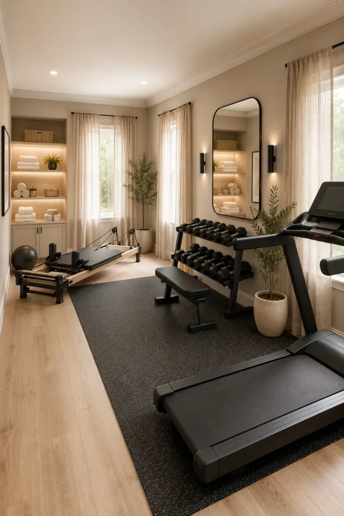Soft Beige Home Gym with Spa-Inspired Design