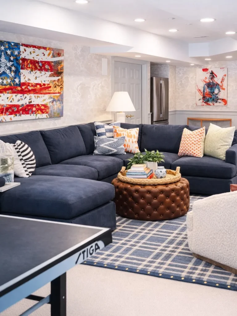 Soft Gray Basement with a Navy Sectional Sofa