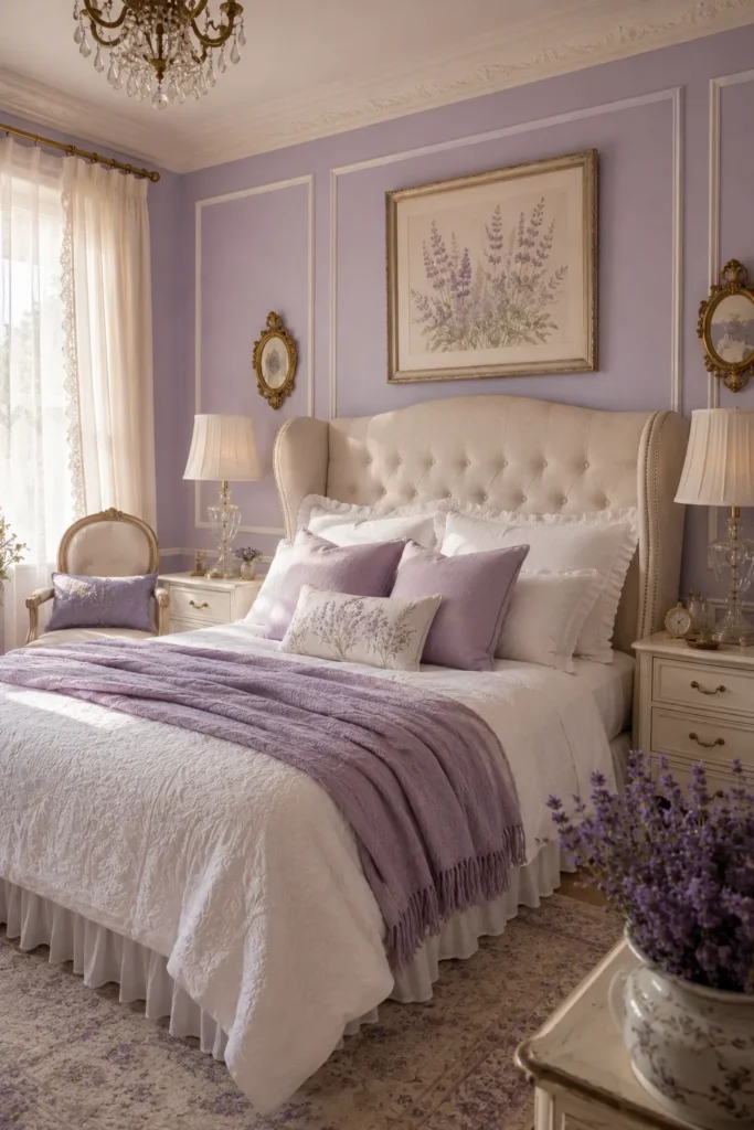 Soft Lavender Bedroom With Vintage Details