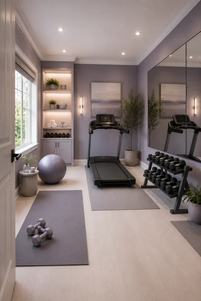 Soft Lavender Exercise Room with Bright Minimal Design