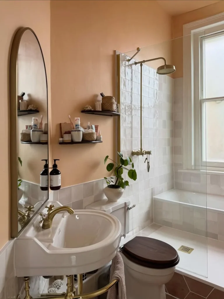 Soft Peach Bathroom Paint for a Bright Tiny Bath