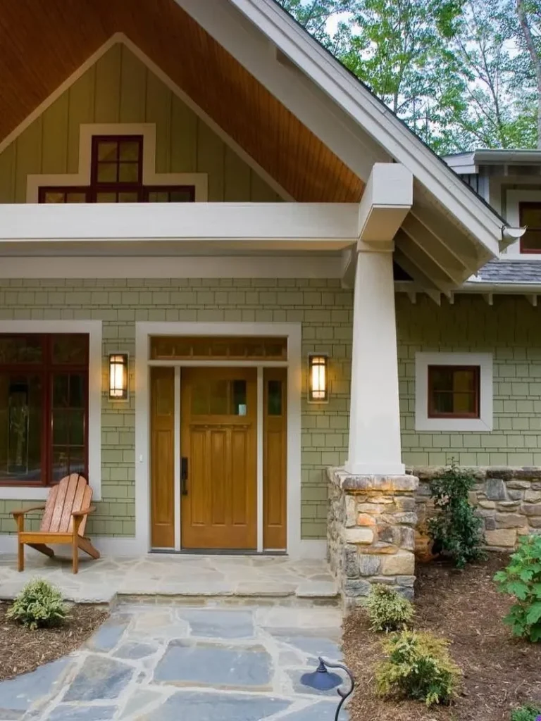 Soft Sage Green Craftsman Exterior with Warm Wood Accents