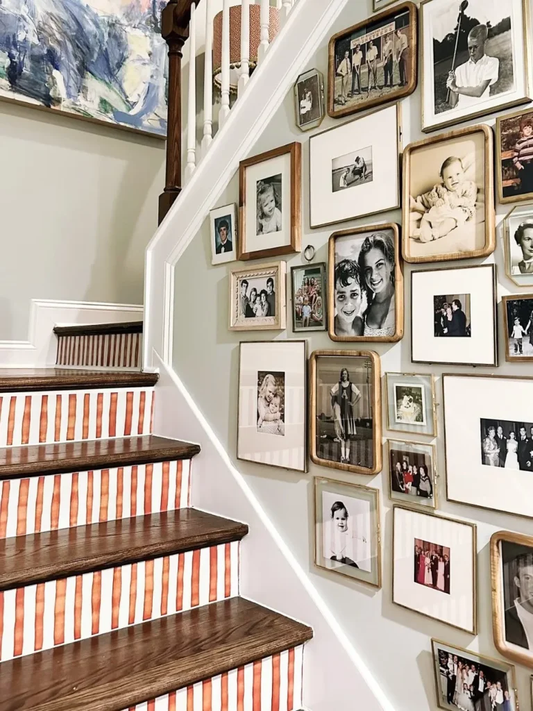 Staircase Family Photo Wall With Mixed Frame Sizes