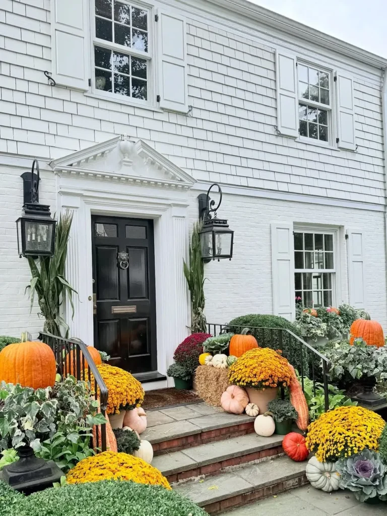 Traditional Fall Front Porch With Pumpkins and Mums