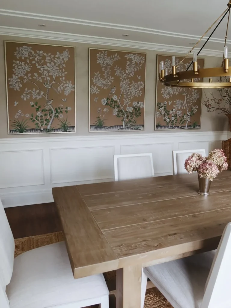 Traditional Wainscoting With Botanical Wall Art