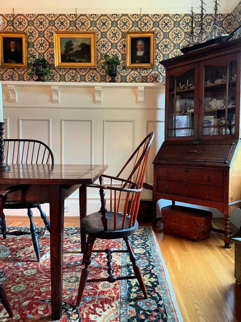 Vintage Dining Room Wainscoting With Patterned Wallpaper