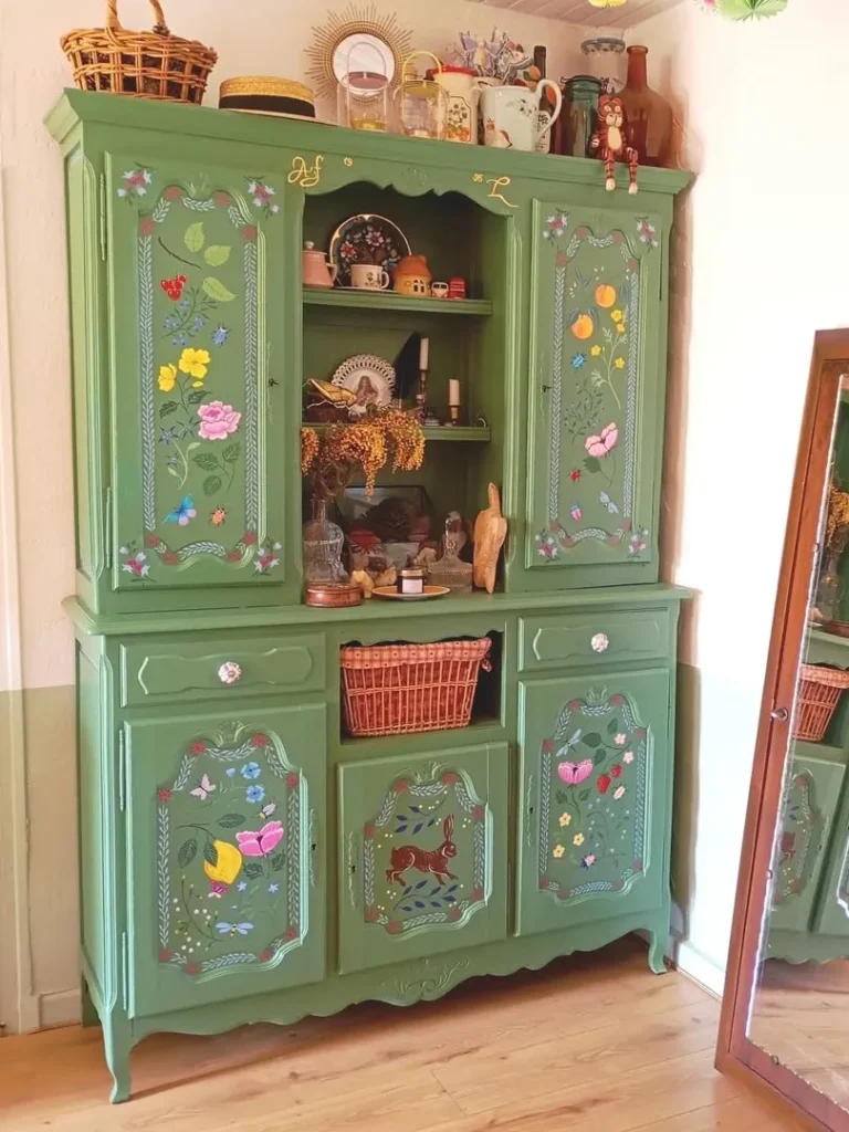 Vintage Green Hutch with Hand-Painted Folk Art