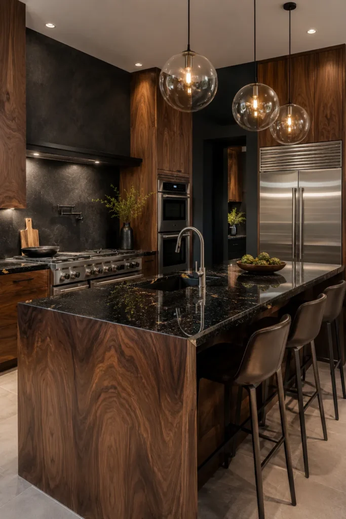 Walnut Cabinets With Black Granite Countertop Style