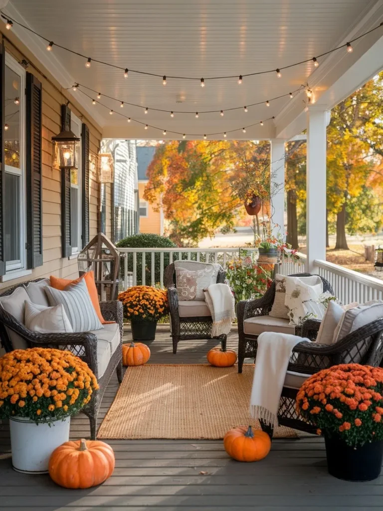 Warm Fall Porch Seating With String Lights