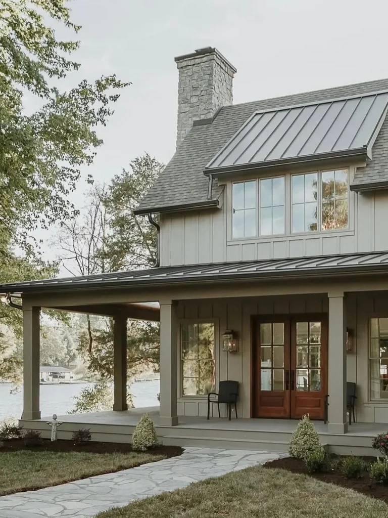 Warm Greige Exterior with Stone and Metal Roof