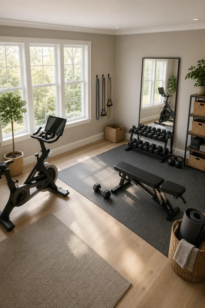 Warm Greige Home Gym with Sunlit Windows