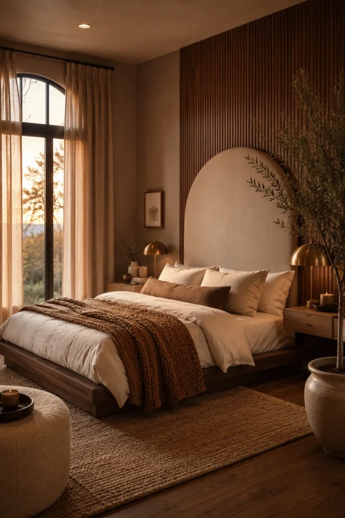 Warm Mocha Bedroom With Wood Slat Accent Wall