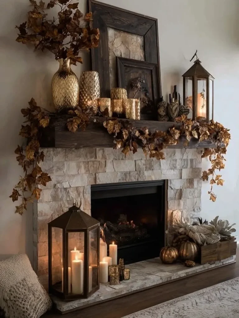 Warm Neutral Fireplace Mantel With Candle Decor