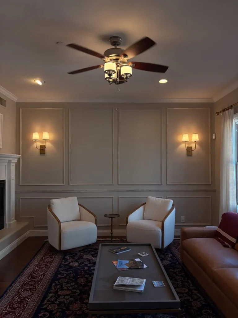 Warm Neutral Living Room With Classic Wainscoting