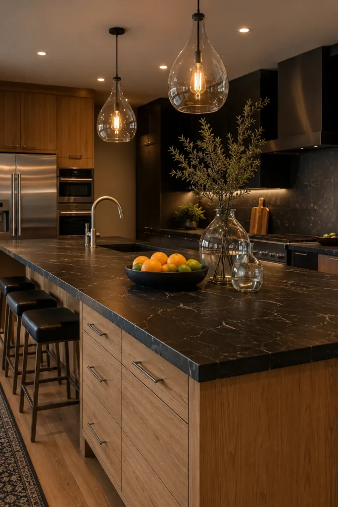 Warm Wood Cabinets Paired With Dark Stone Island