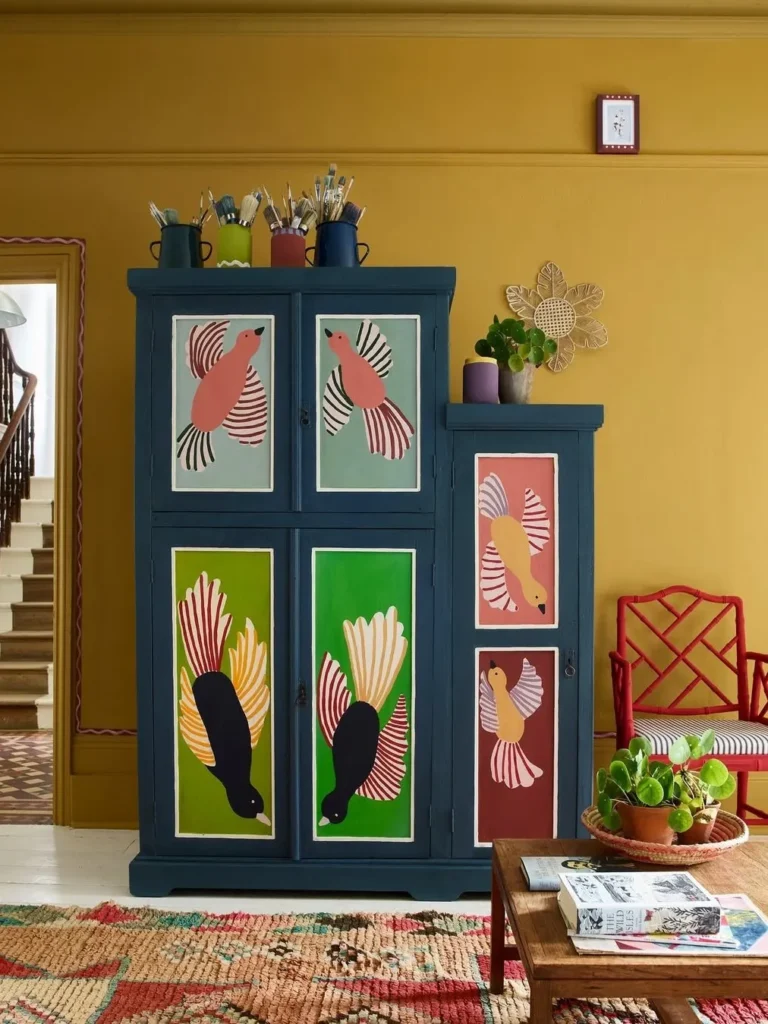 Whimsical Hand-Painted Bird Cabinet